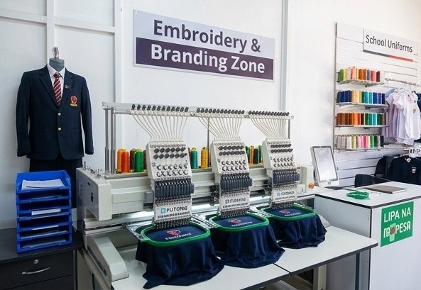 Three-head embroidery machine in the Fortehouse Uniforms embroidery and branding zone