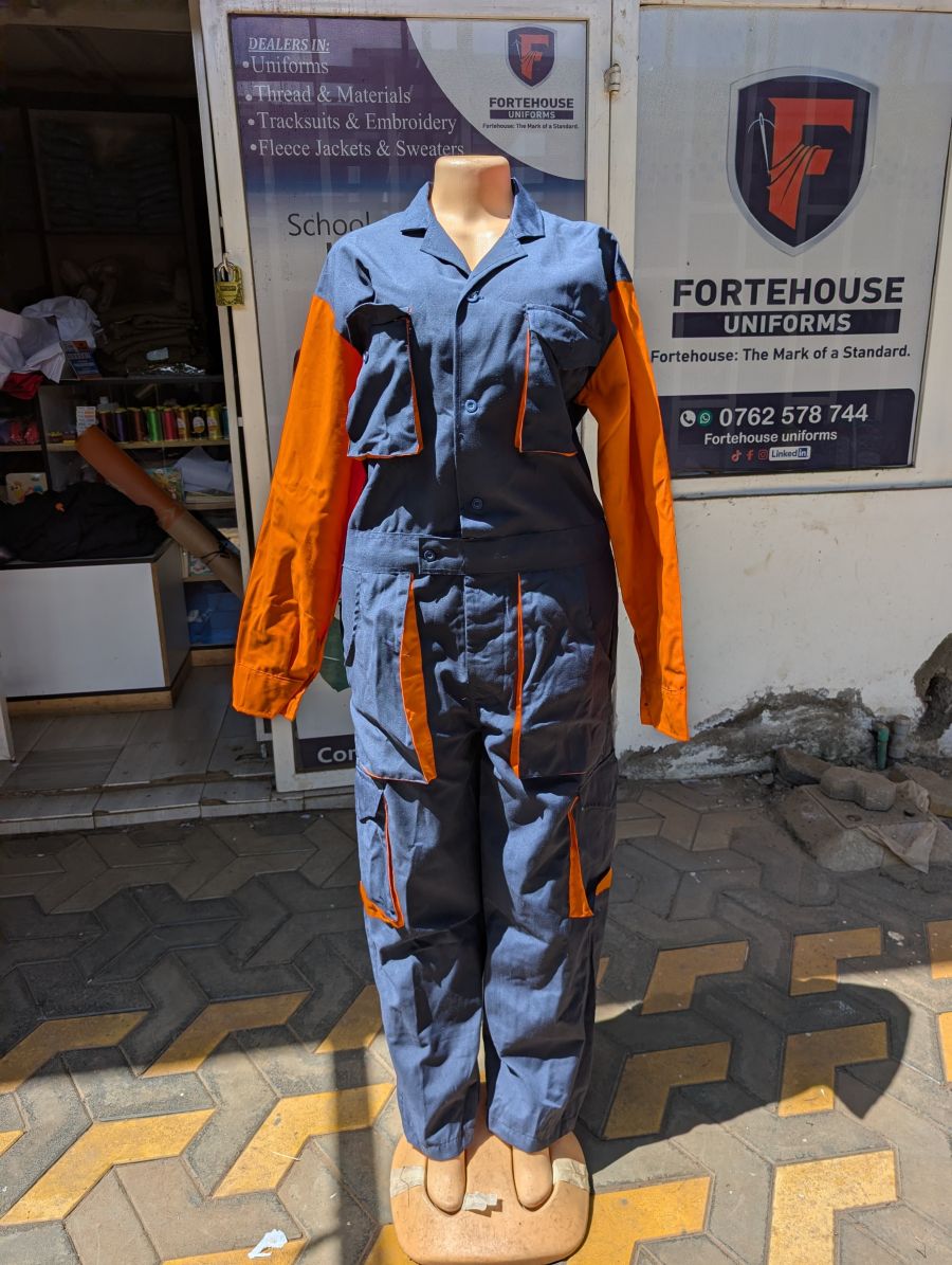 Navy and orange two-tone industrial coverall made by Fortehouse Uniforms
