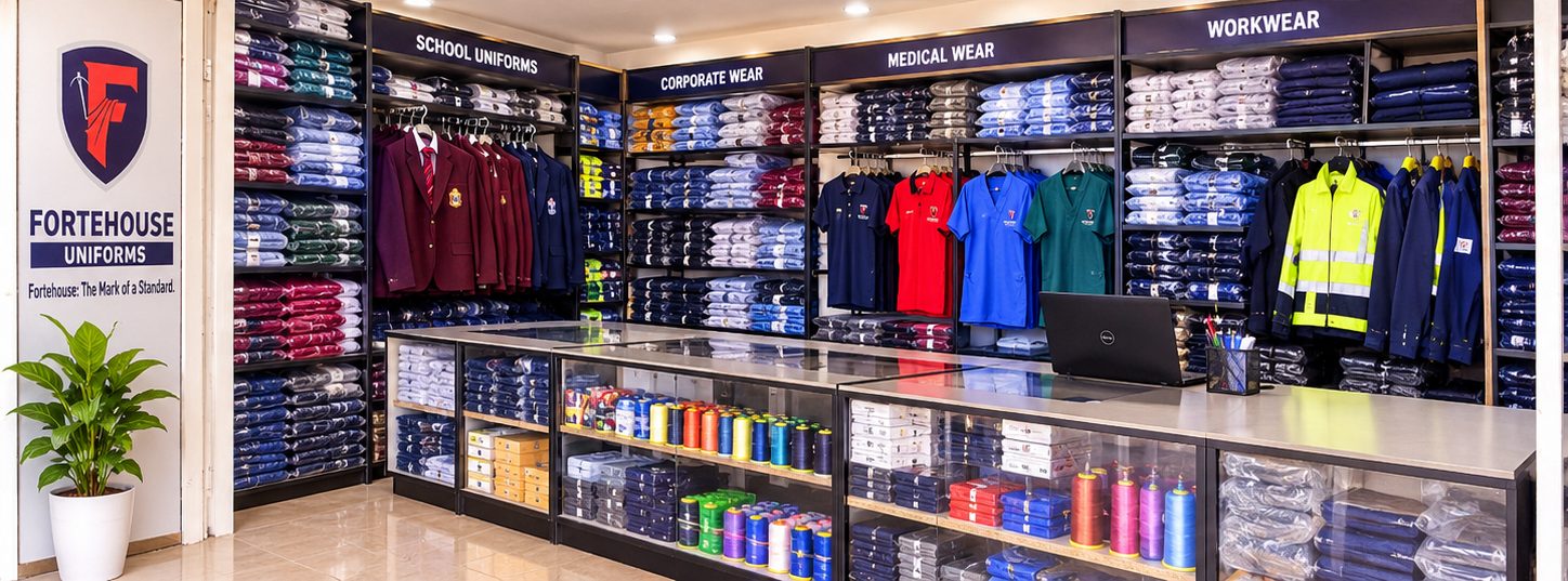 Inside the Fortehouse Uniforms showroom - school, corporate, medical and workwear bays, with thread and branding supplies at the counter.