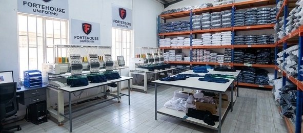 Fortehouse Uniforms workshop floor with embroidery machines, work tables and racks of finished uniforms